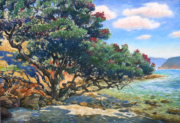 Graham Downs, coastal pohutukawa oil painting